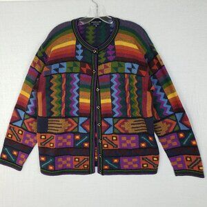 Silver Llama 100% Alpaca Cardigan Sweater Colorful Ethnic Colorblock sz XL Peru